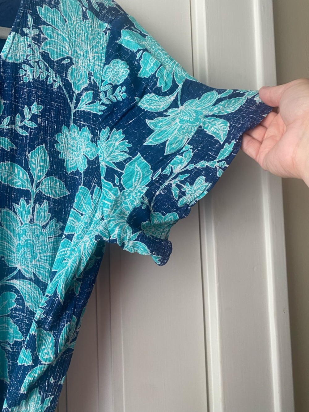 J Jill bold floral maxi dress blue & turquoise stretch and ruffles L - Picture 3 of 8